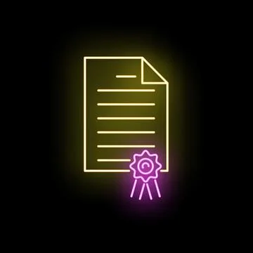 Certificate document with glowing pink neon award ribbon Stock Illustration