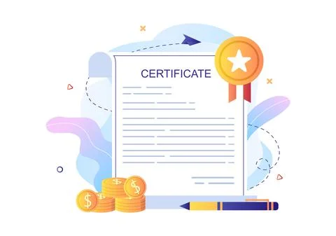 Certificate Document Icon with License Badge, Diploma and Medal for Website,  Illustration