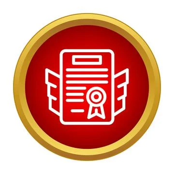 Certificate document icon with wings on red button Stock Illustration