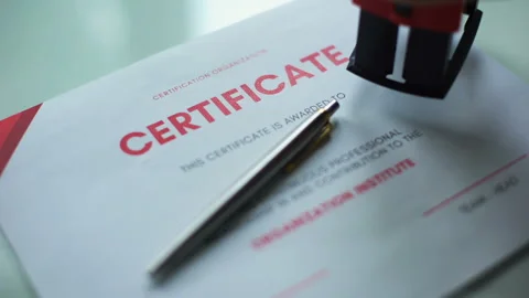 Certificate document pending, hand stamping seal on official paper, verification Stock Footage 97282258