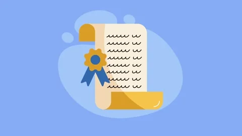 Certificate document with ribbon seal icon animation on blue background, di.. Stock Footage 334090173