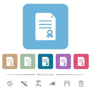 Certificate document solid flat icons on color rounded square backgrounds 库存插图