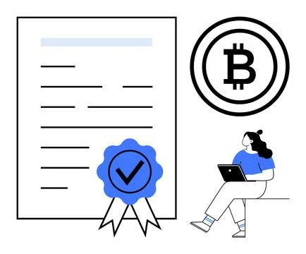 Certificate document with a verification badge, Bitcoin symbol, and a woman u Stock Illustration