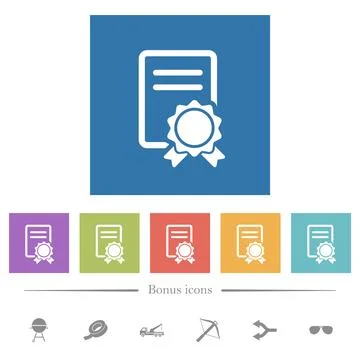 Certificate flat white icons in square backgrounds Stock Illustration