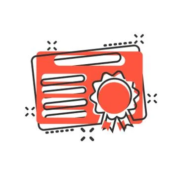 Certificate icon in comic style. License badge vector cartoon illustration on Stock Illustration