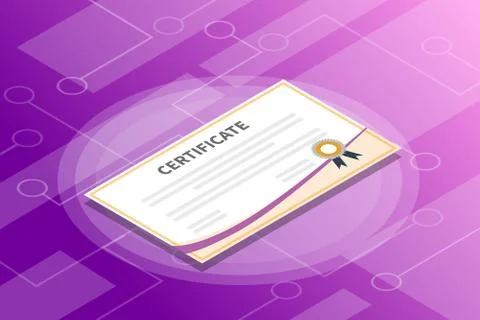 Certificate isometric information with violet gradient background modern styl Stock Illustration