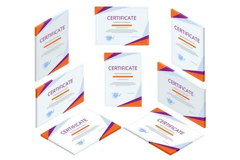 Certificate isometric view straight, left, right, top. Certificate template of Stock Illustration