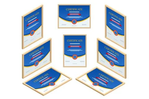 Certificate isometric view straight, left, right, top. Certificate template of Stock Illustration