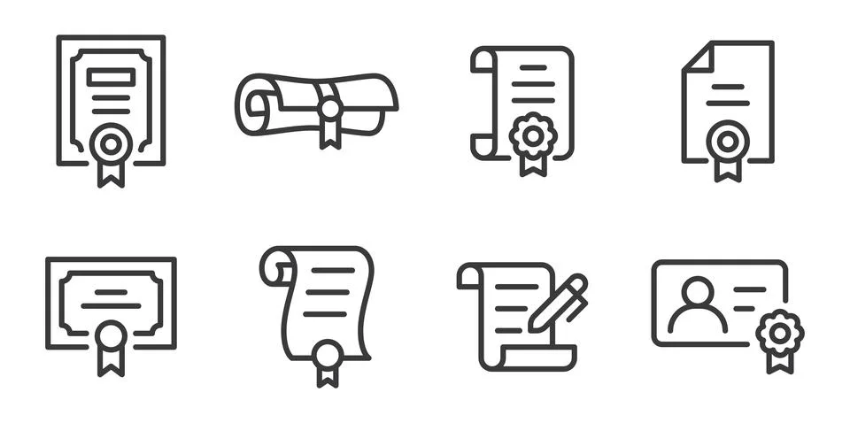 Certificate line icon set. Diploma, credential, qualification, accreditation Stock Illustration