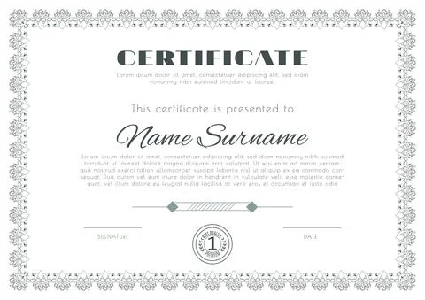 Certificate with ornamental thin frame . White Design blank with dark ornamental Stock Illustration