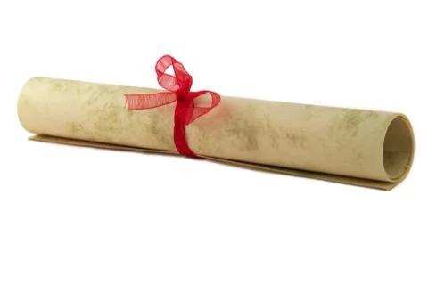 Certificate paper scroll isolated on white with bow. diploma or award documen Foto stock