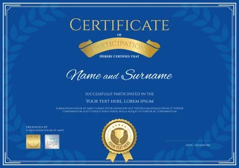 Certificate of participation template in blue theme with award laurel wreath  Stock Illustration