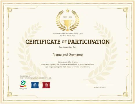 Certificate of participation template in gold theme with trophy and laurel .. Stock Illustration