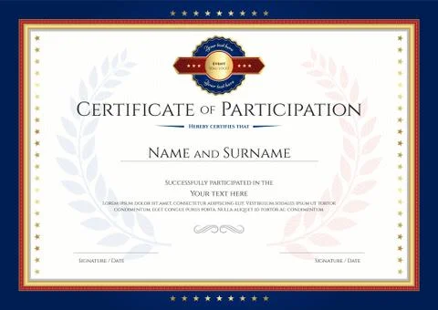 Certificate of participation template with laurel background and blue border Stock Illustration