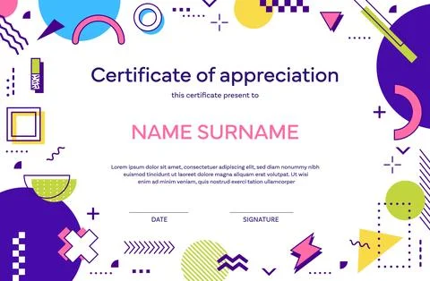 Certificate template with abstract memphis shapes. Illustrazione stock
