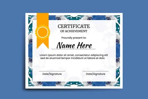 Certificate Template Blue Rose Flower watercolor Digital hand drawn Stock Illustration