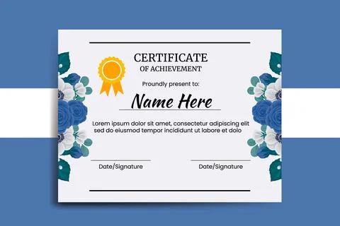 Certificate Template Blue Rose Flower watercolor Digital hand drawn Stock Illustration