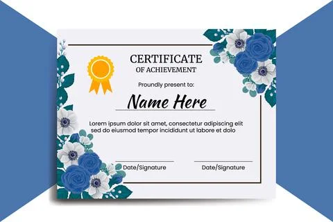 Certificate Template Blue Rose Flower watercolor Digital hand drawn Stock Illustration