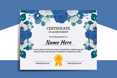 Certificate Template Blue Rose Flower watercolor Digital hand drawn Stock Illustration