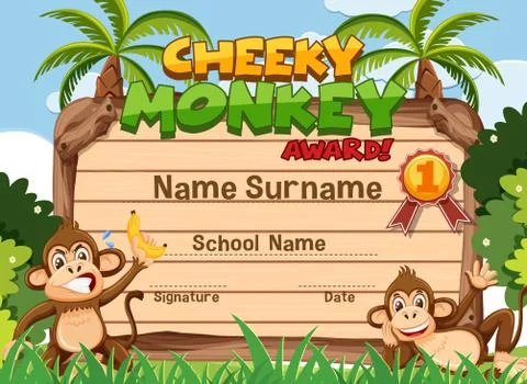 Certificate template design for cheeky monkey award with two monkeys in the p Stock Illustration