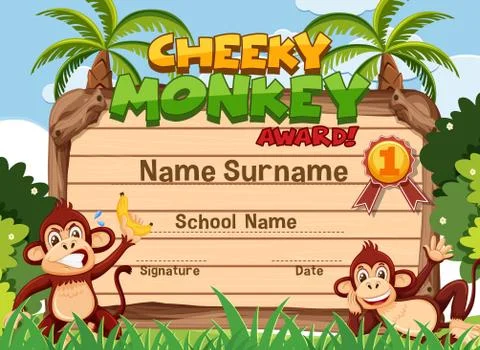 Certificate template design for cheeky monkey award with two monkeys in backg Stock Illustration