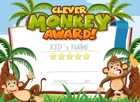 Certificate template design clever monkey award with monkeys in the park back Ilustración de archivo