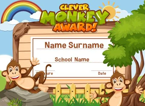 Certificate template design for clever monkey award with two monkeys in backg Stock Illustration
