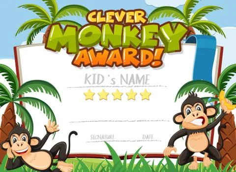 Certificate template design for clever monkey award with two monkeys in backg Stock Illustration