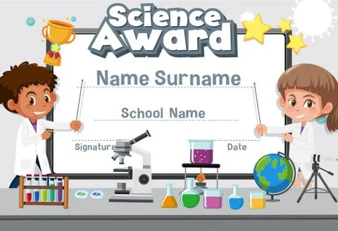 Certificate template design for science award with two students in lab Stock Illustration