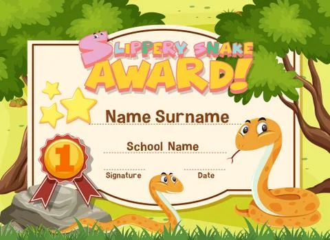 Certificate template design for slippery snake award with two snakes in garde 스톡 일러스트