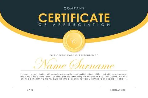 Certificate template in elegant dark blue colors with golden medal. Certifica Stockillustratie