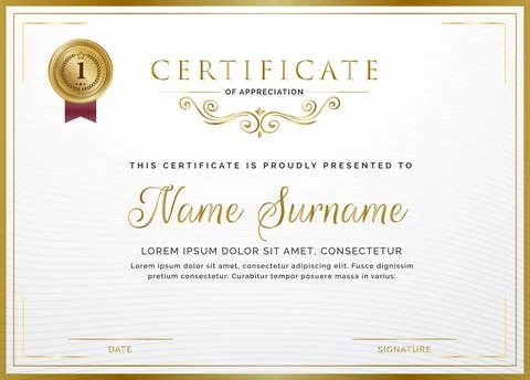 Certificate template with golden frame border and gold badge Stock-Illustration