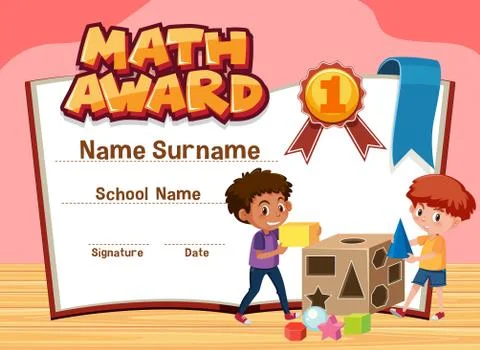Certificate template for math award with boys playing blocks Stock Illustration