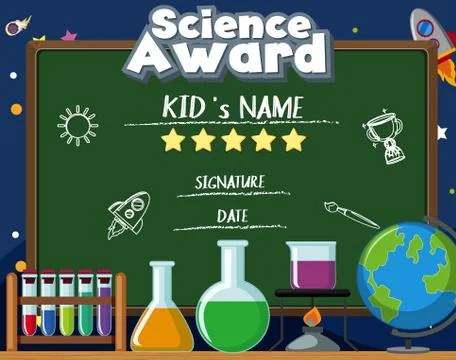 Certificate template for science award with many equipments in background Stockillustratie