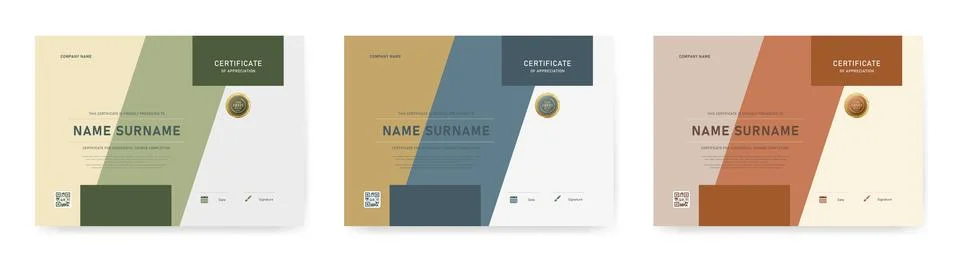 Certificate template with three color variations: green, navy blue, and war.. Stock Illustration