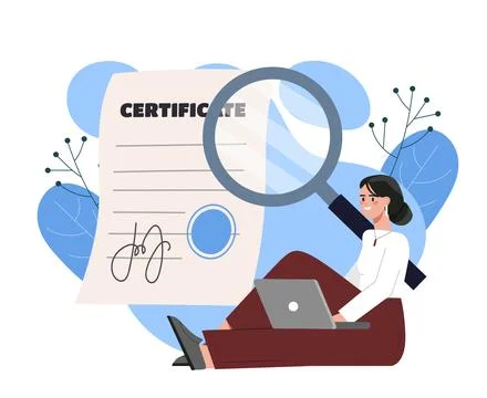 Certificate verification concept scene. Vector illustration Illustrazione stock