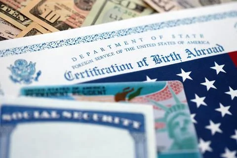 Certification of Birth Abroad with US flag, social security number and Permanent Stock Photos