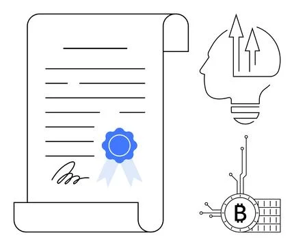Certification Scroll with Bitcoin and Innovation Icons in Modern Vector Style イラスト素材
