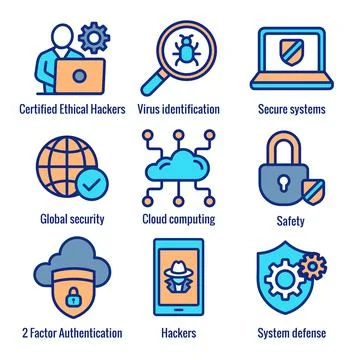 Certified Ethical Hacking CEH icon set showing virus, exposing vulnerabilitie Stock Illustration