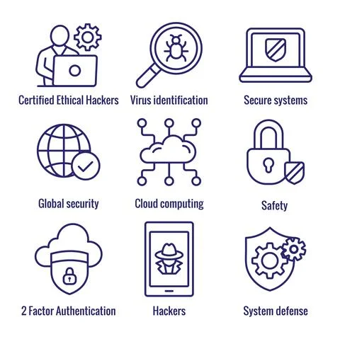 Certified Ethical Hacking CEH icon set showing virus, exposing vulnerabilitie イラスト素材