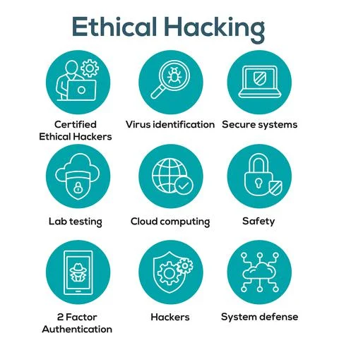 Certified Ethical Hacking CEH icon set showing virus, exposing vulnerabilitie Stock-Illustration