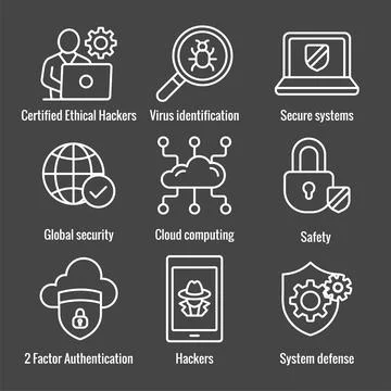 Certified Ethical Hacking CEH icon set showing virus, exposing vulnerabilitie Stock Illustration