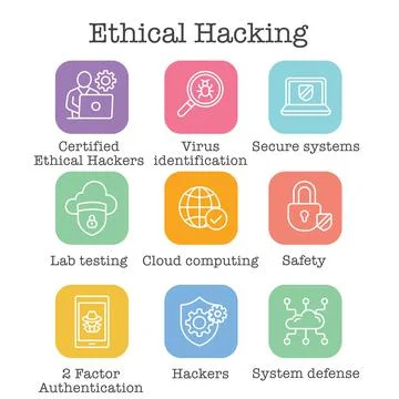 Certified Ethical Hacking CEH icon set showing virus, exposing vulnerabilitie Stock Illustration