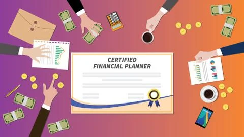 Certified financial planner certification paper with team work together on top Stock Illustration