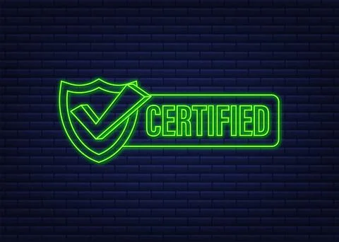 Certified stamp vector isolated on dark background. Neon icon. Stock Illustration