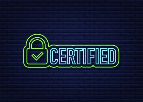Certified stamp vector isolated on dark background. Neon icon. Stock Illustration