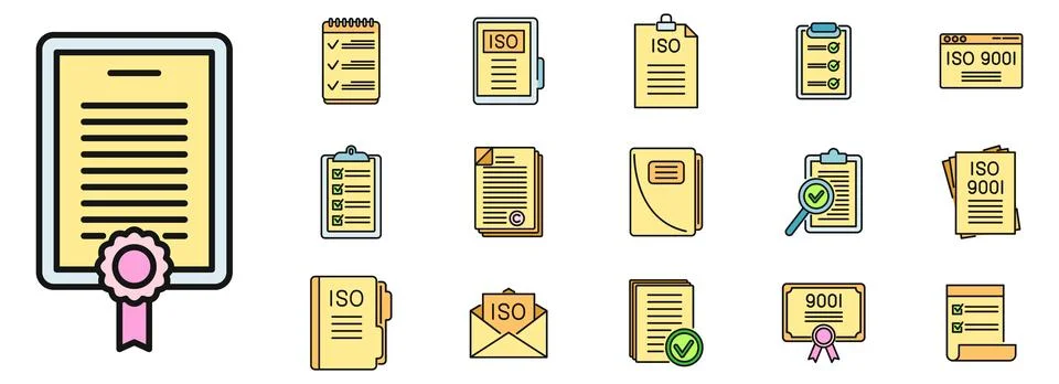 Certified standard icons set vector color line Stock Illustration
