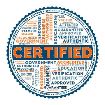 CERTIFIED word image. Certified concept with word clouds and round text. Ni.. Stock Illustration