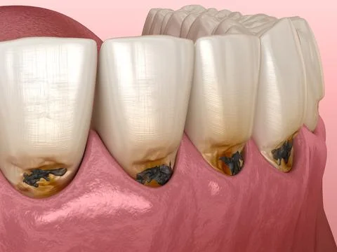 Cervical caries on frontal teeth. Medically accurate tooth 3D illustration. Stock Illustration