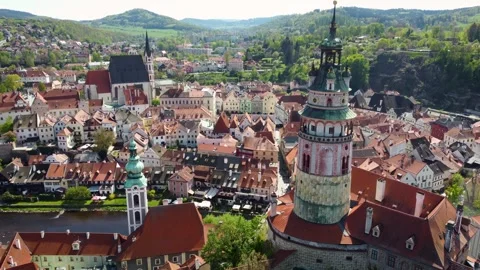 Cesky Krumlov 4K. Drone Castle Tower Closeup. Czech Republic Stock Footage 316729929